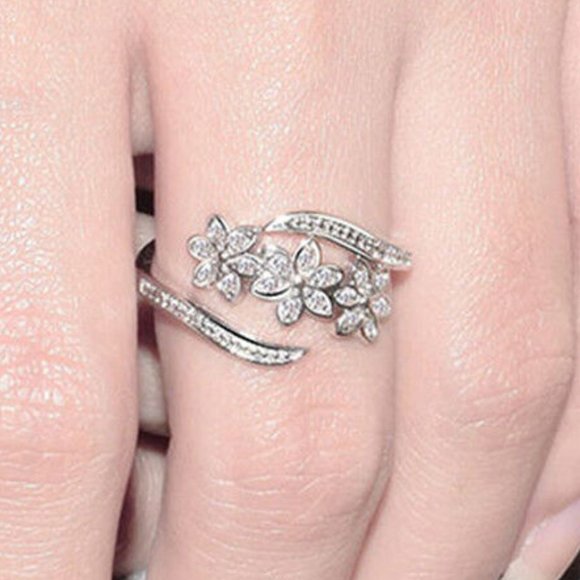 New Sterling Silver CZ Flower Open Ring - Picture 2 of 5